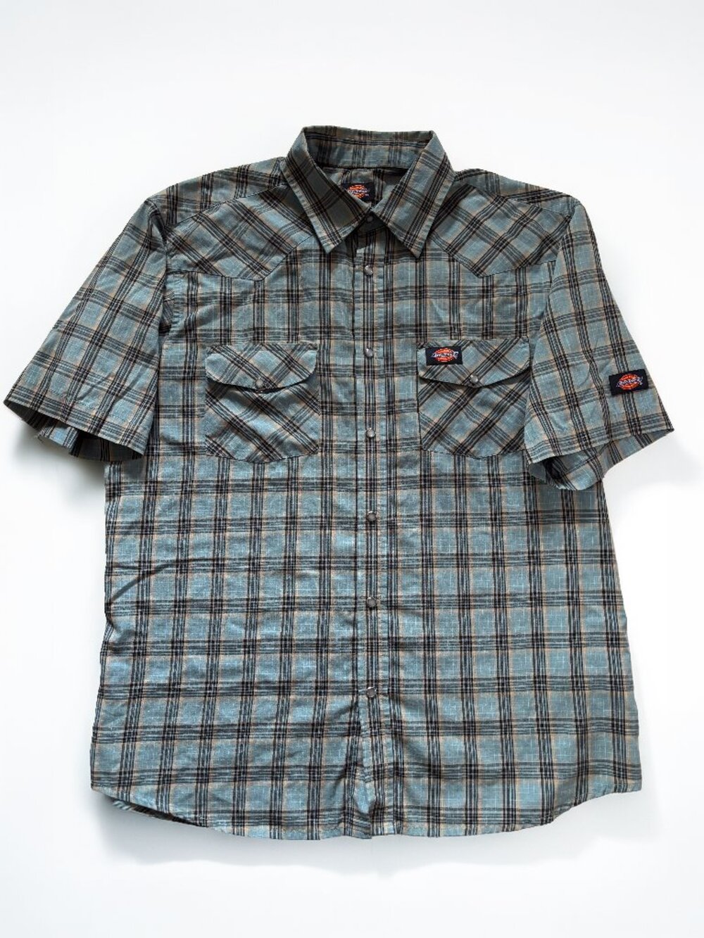Dickies Authentic Pearl Snap Western Shirt Mens Size L Blue Plaid Short Sleeve